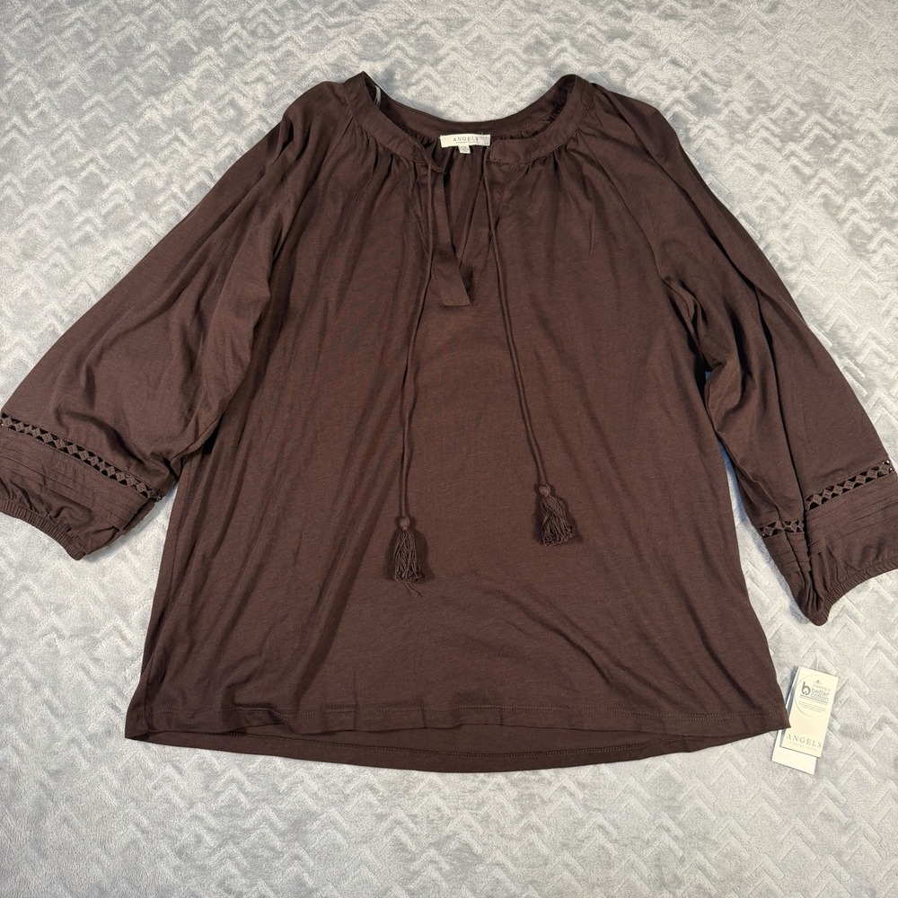 Angels Forever Young Women's Blouse Size 1X Brown Tassel Tie Casual Top NWT